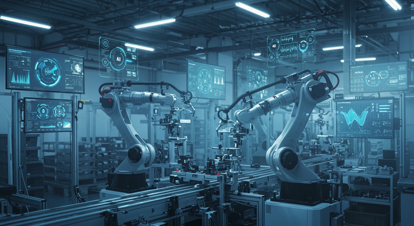 Modern robotic arms with AI integration working on an assembly line