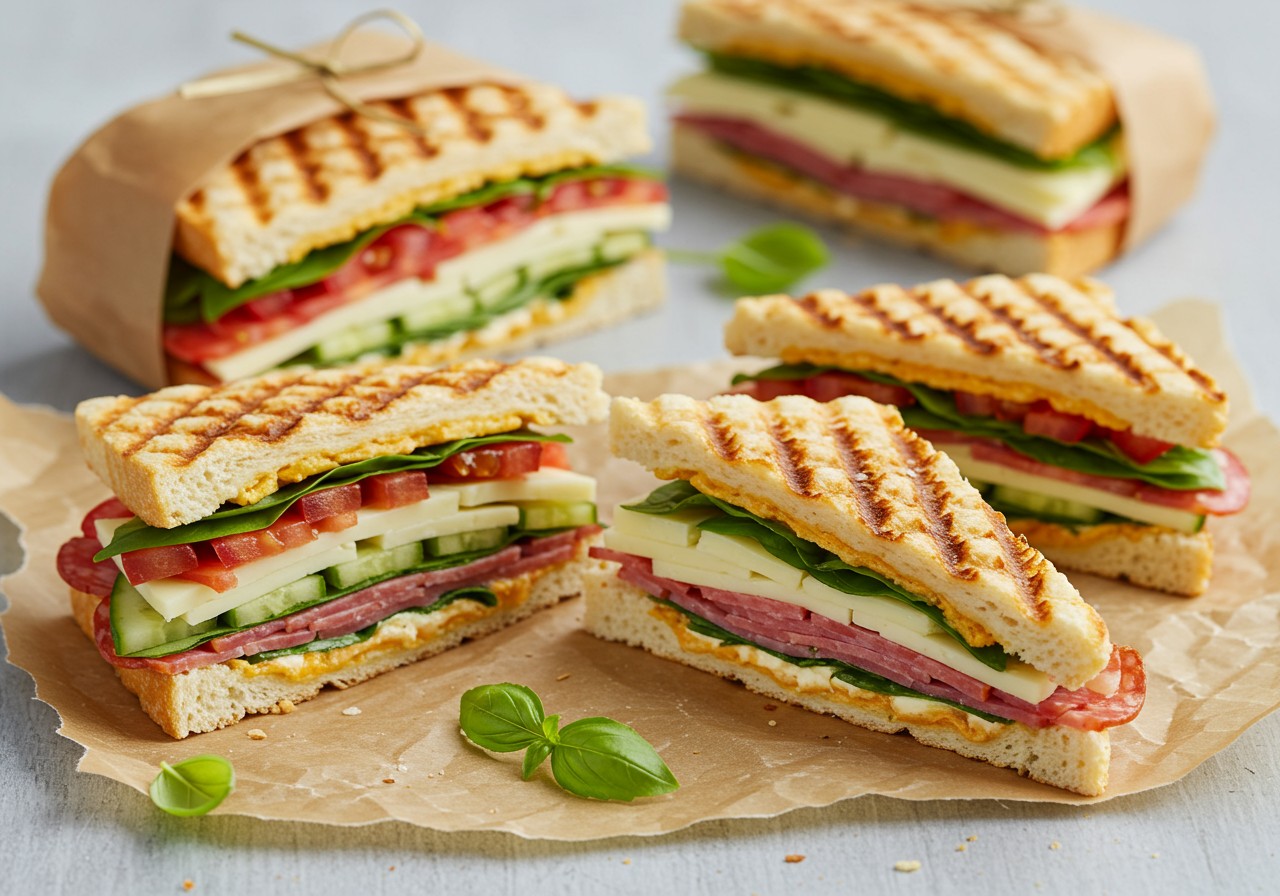 Pressed Italian picnic sandwich cut into wedges