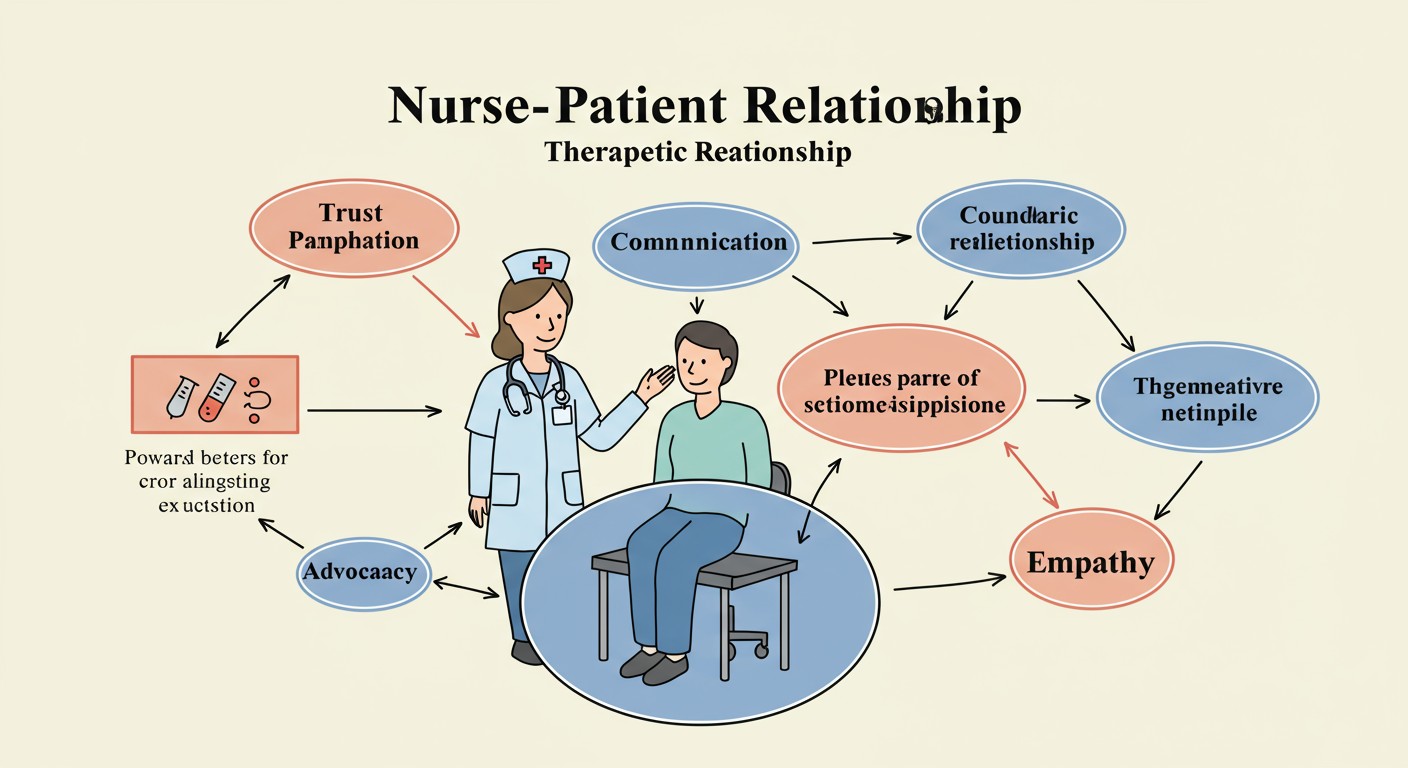Nurse-patient therapeutic relationship diagram showing Trust, Communication, Boundaries, Advocacy, and Empathy components