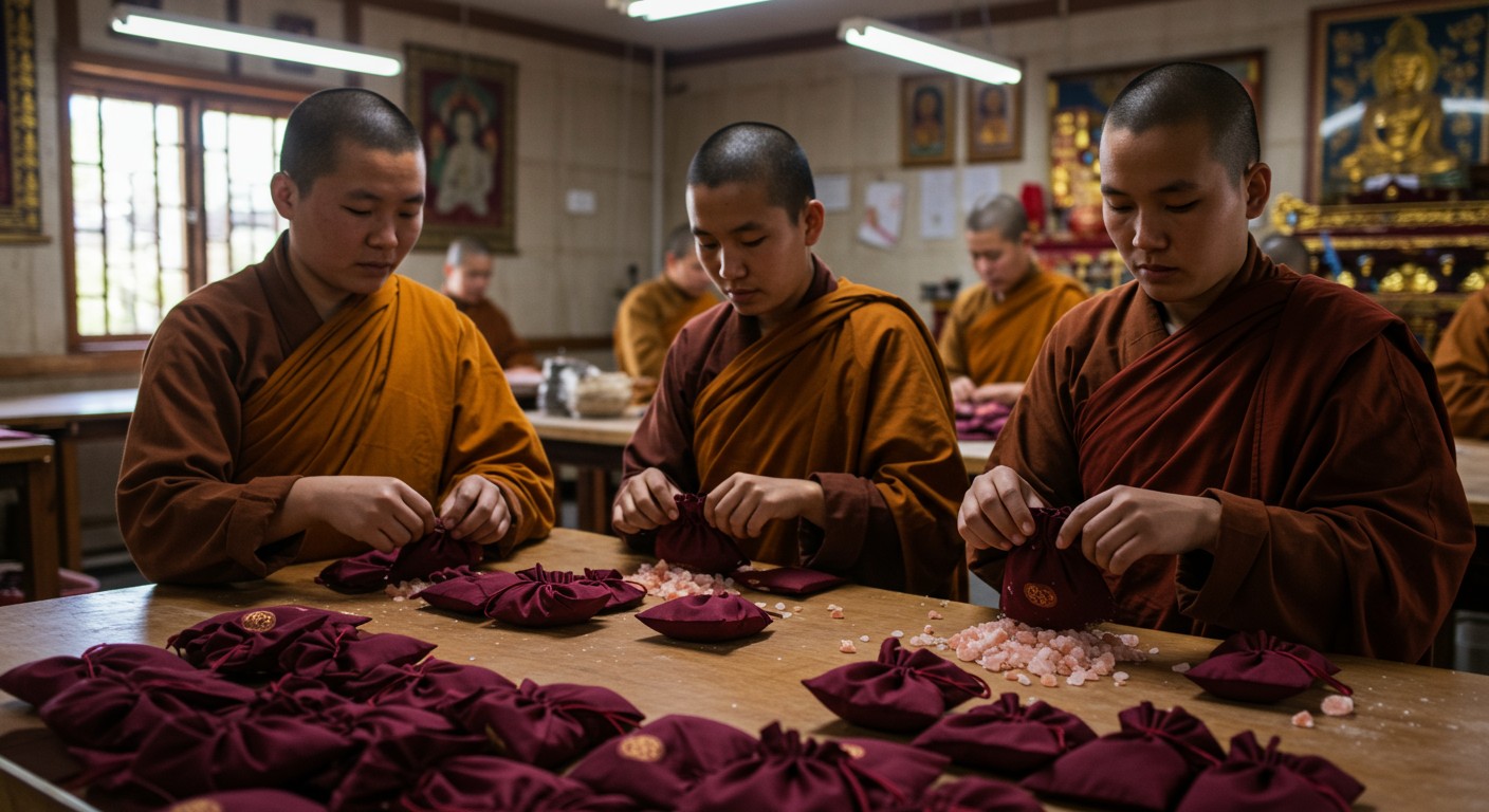 Buddhist monks crafting salt pouches