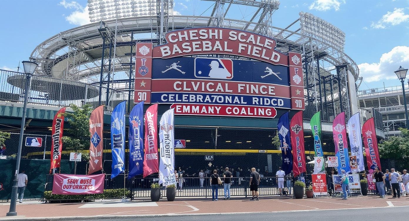 Baseball field entrance with welcoming sports feather flags for fans and families Baseball field entrance with welcoming sports feather flags for fans and families