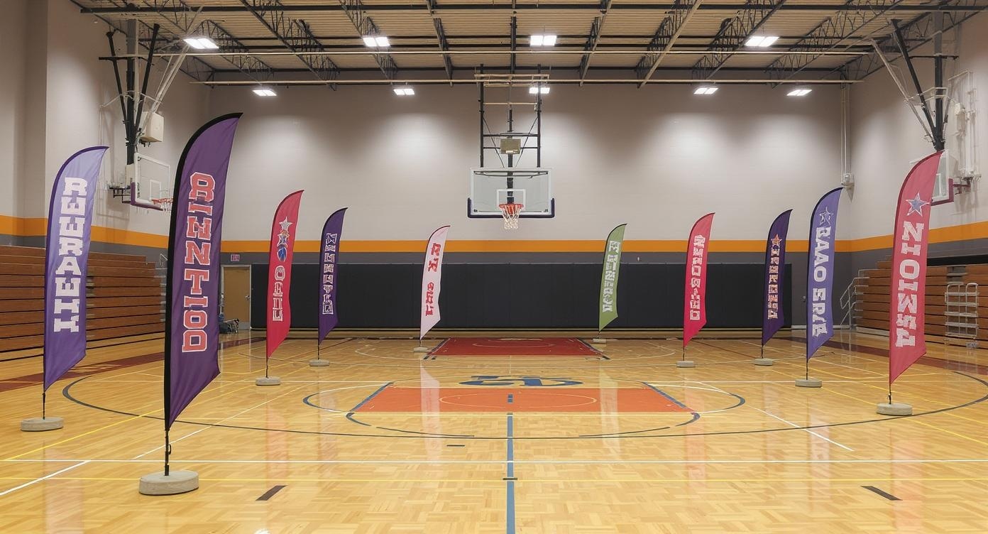 Basketball gymnasium feather flags displaying team colors and motivational messages Basketball gymnasium feather flags displaying team colors and motivational messages