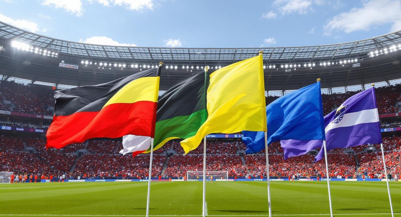 Professional sports feather flags at football stadium creating team spirit and game day atmosphere Professional sports feather flags at football stadium creating team spirit and game day atmosphere