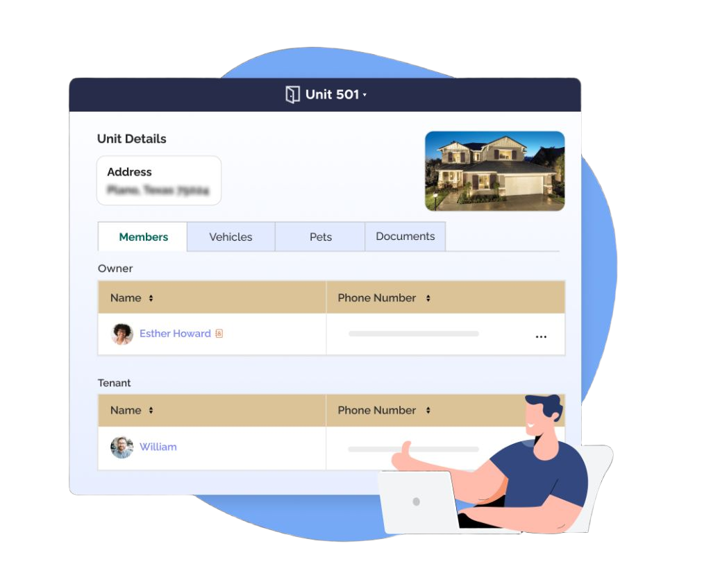 ADDA Operations Features - Unit details, members, vehicles, pets, and documents overview mockup