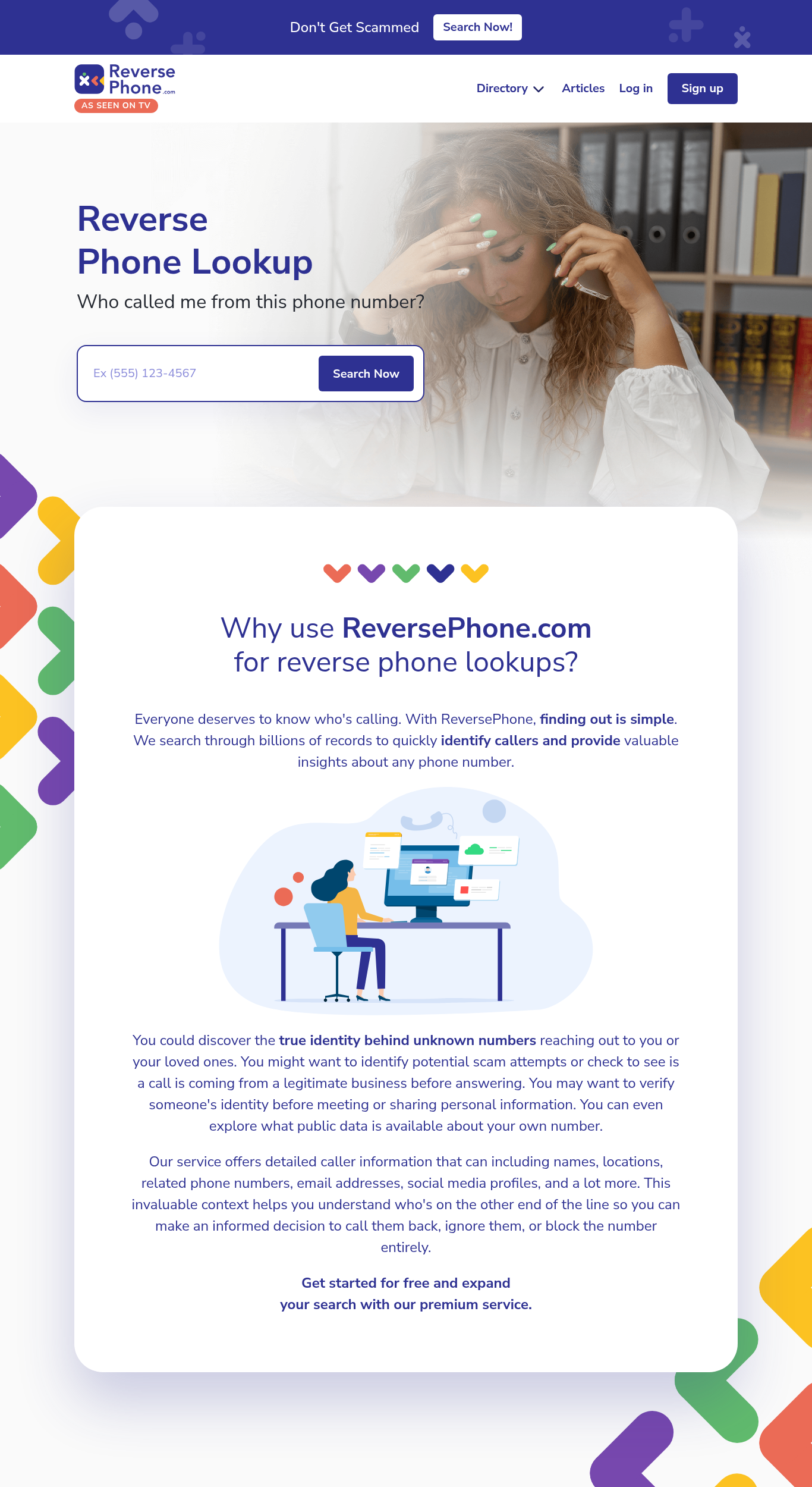 Screenshot of ReversePhone.com showing the search interface
