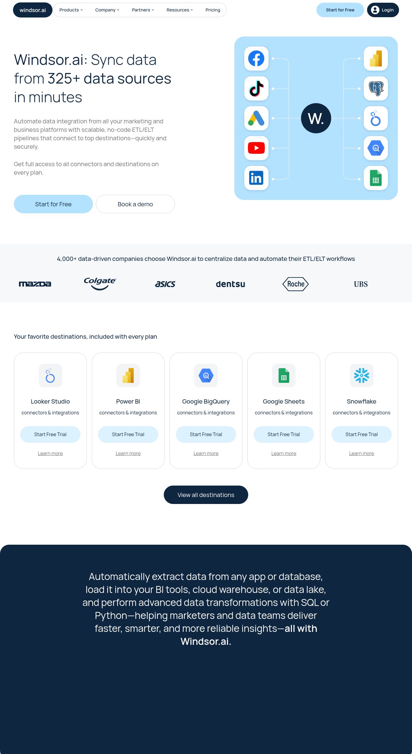 Windsor.ai platform interface showing 325+ data source connectors for comprehensive sales data integration and business intelligence sales solutions automation
