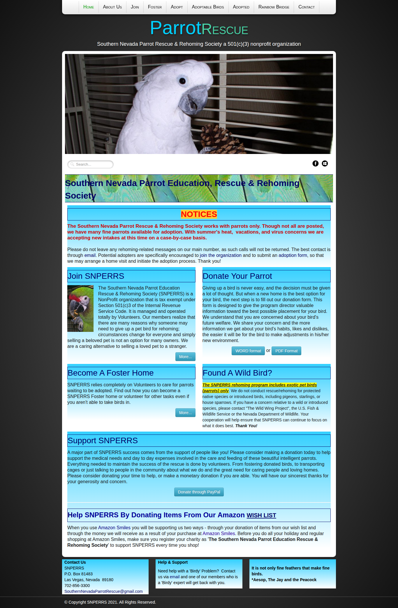 Screenshot of Southern Nevada Parrot Education Rescue & Rehoming Society (SNPERRS)