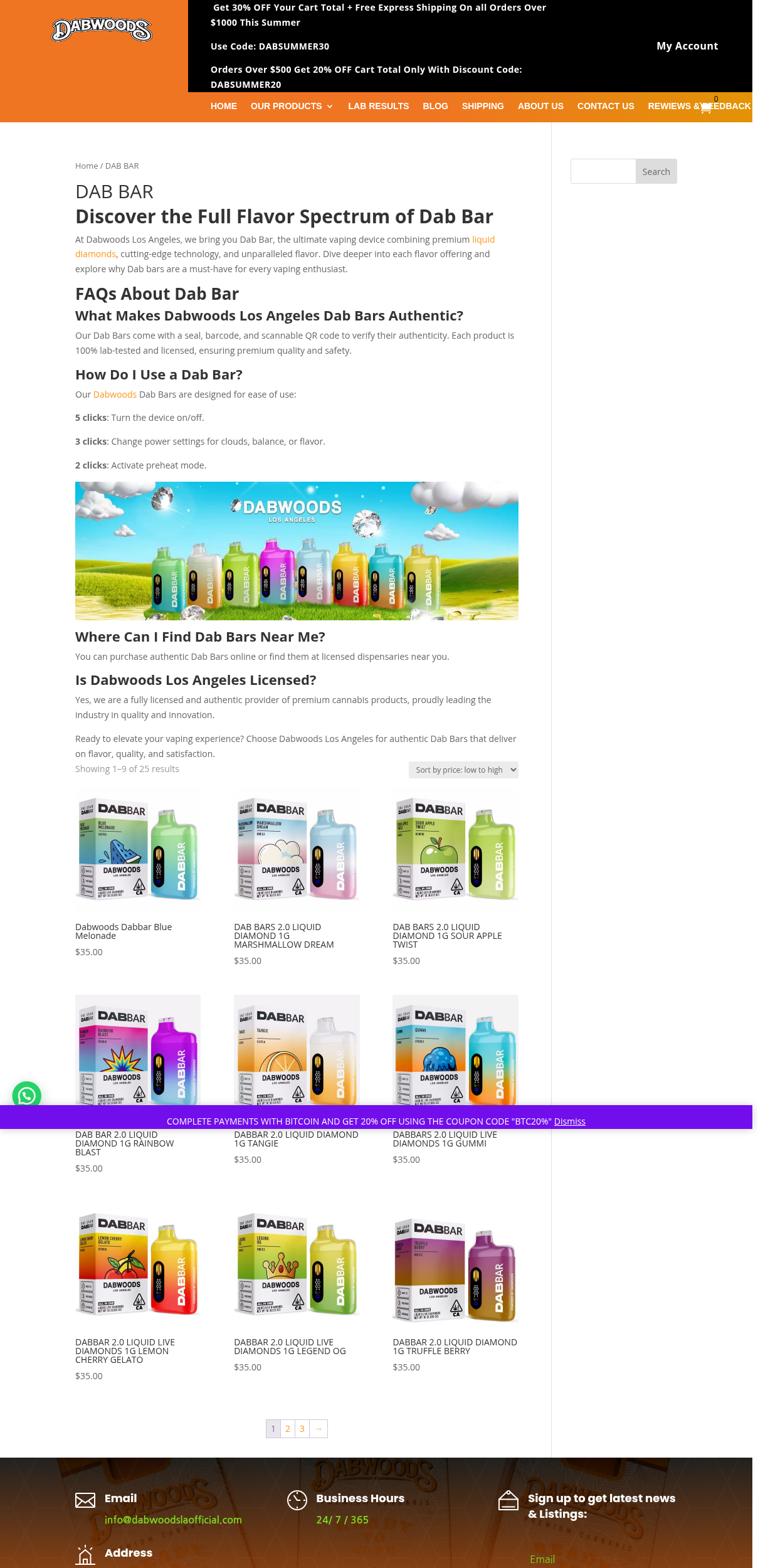 Screenshot of official Dabwoods dab bar category page