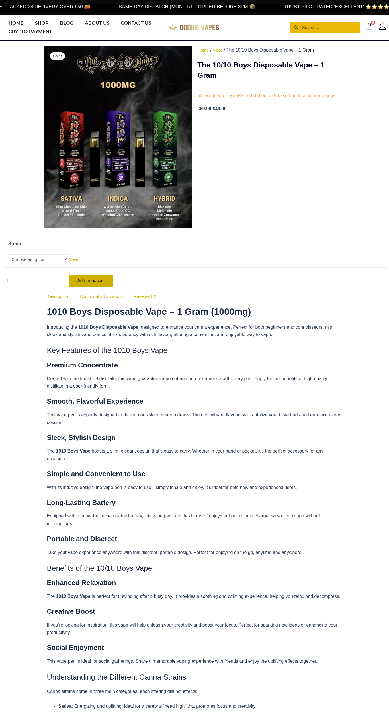 The 10/10 Boys 1g Disposable Vape Pen Product Display