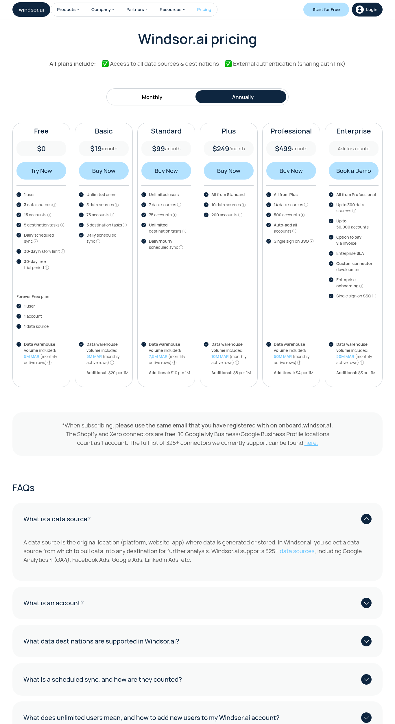 Windsor.ai pricing plans comparison showing Basic Standard Plus Professional Enterprise tiers for sales data integration and business intelligence sales solutions